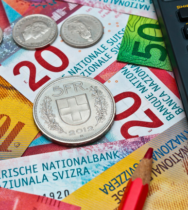 20er- und 10er-Noten, Kleingeld und ein Taschenrechner
